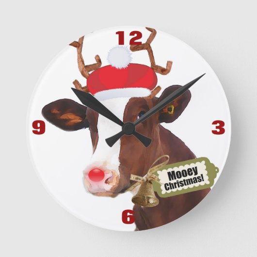 Mooey Merry Christmas Reindeer Cow Runde Wanduhr (Vorderseite)