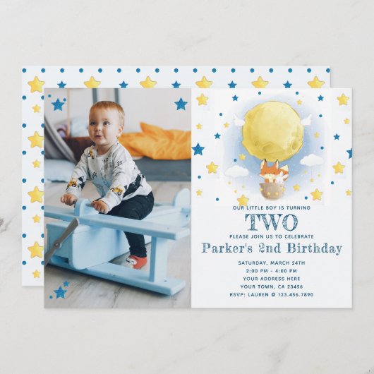 Moon Air Ballon Foto Geburtstag Einladung (Vorne/Hinten)