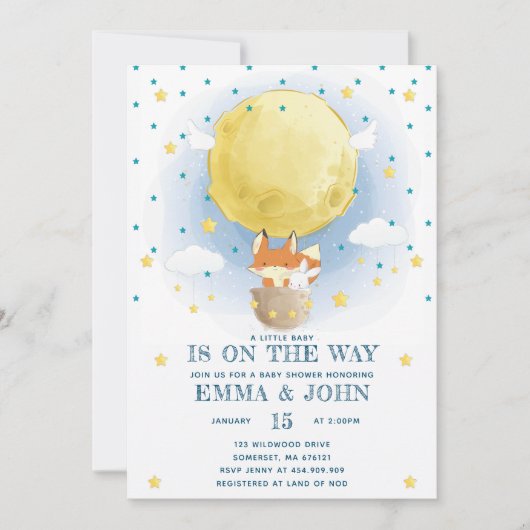 Moon Air Balloon Babydusche Einladung (Vorderseite)