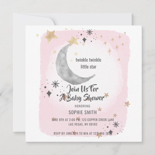 Moon and Star Pink Watercolor Splash Einladung (Vorderseite)