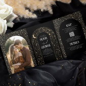 Moon and Stars Arch Celestial Black Wedding Foto Dreifach Gefaltete Einladung