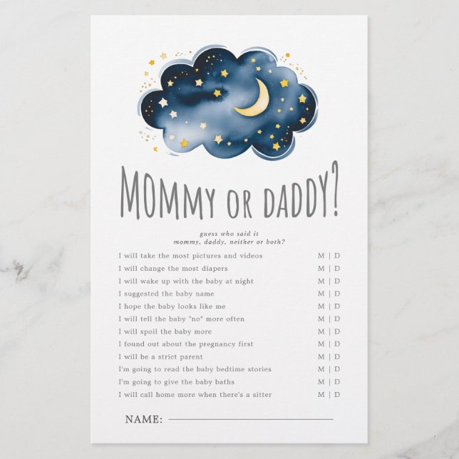 Moon and Stars Baby Shower Mommy oder Daddy Game (Vorderseite)
