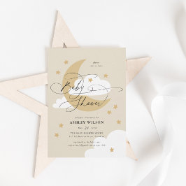 Moon and Stars Beige Elegantes Script Baby Shower Einladung