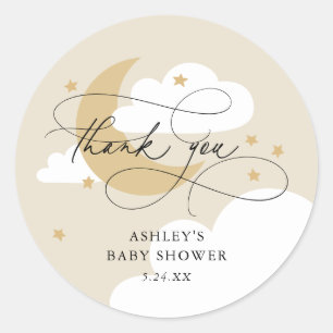 Moon and Stars Beige Script Baby Dusche Vielen Dan Runder Aufkleber