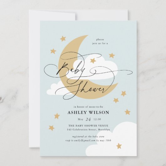Moon and Stars Blue Elegantes Script Baby Duwer Einladung (Vorderseite)