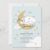 Moon and Stars Blue Elegantes Script Baby Sprinkle Einladung (Vorderseite)