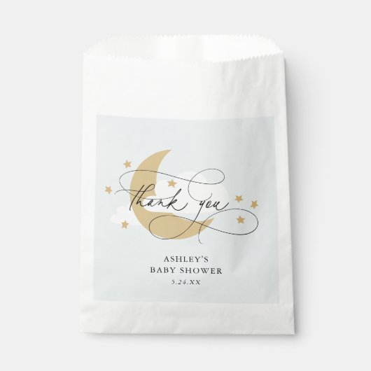 Moon and Stars Blue Script Baby Dusche Danke, C Geschenktütchen (Vorderseite)
