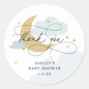 Moon and Stars Blue Script Baby Dusche Danke, C Runder Aufkleber