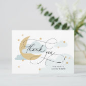 Moon and Stars Blue Script Baby Dusche Dankeskarte (Stehend Vorderseite)