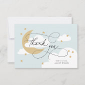 Moon and Stars Blue Script Baby Dusche Dankeskarte (Vorderseite)