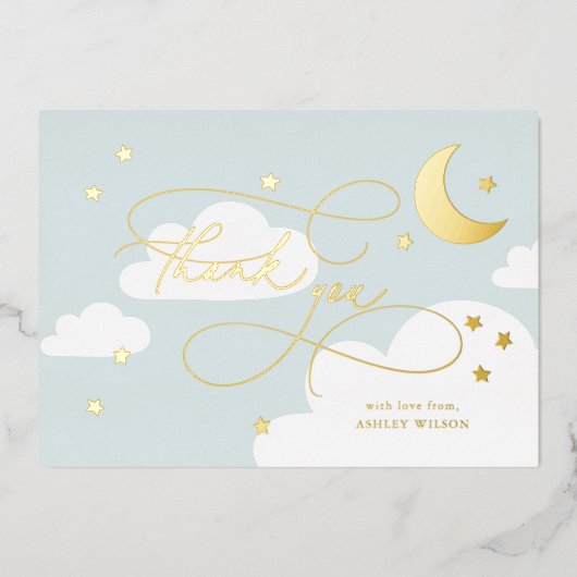 Moon and Stars Blue Script Baby Vielen Dank Folieneinladung (Vorderseite)