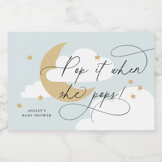 Moon and Stars Blue Script Pop It When She Pops Schaumweinetikett (Einzelnes Label)