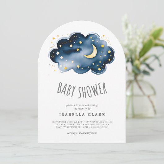 Moon and Stars Boy Baby Shower Einladung (Stehend Vorderseite)