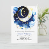 Moon and Stars Celestial Blue Boy Baby Dusche Einladung (Stehend Vorderseite)