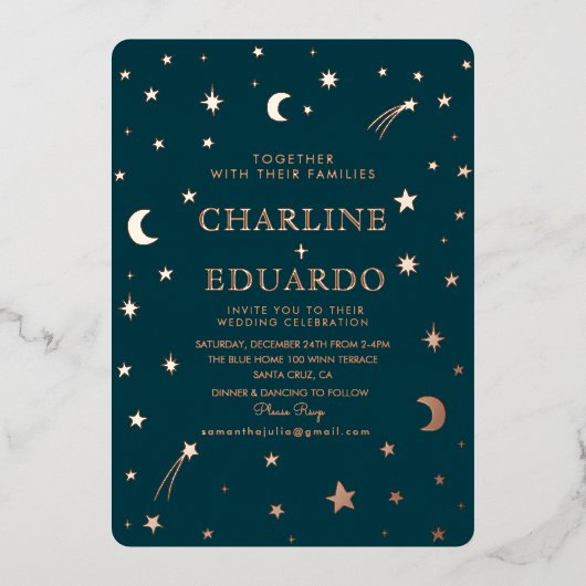 Moon and Stars Celestial Starsign Golden Wedding Folieneinladung (Vorderseite)