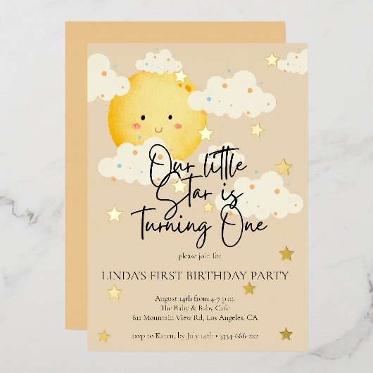 Moon and Stars Cream 1. Geburtstag Folieneinladung (Vorderseite/Rückseite)