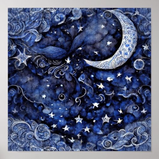 Moon and Stars Deep Blue Night Sky Poster (Vorne)