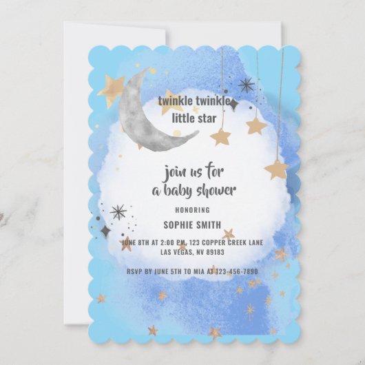 Moon and Stars Dunkelblau Wasserfarbe Abstrakt Einladung (Vorderseite)