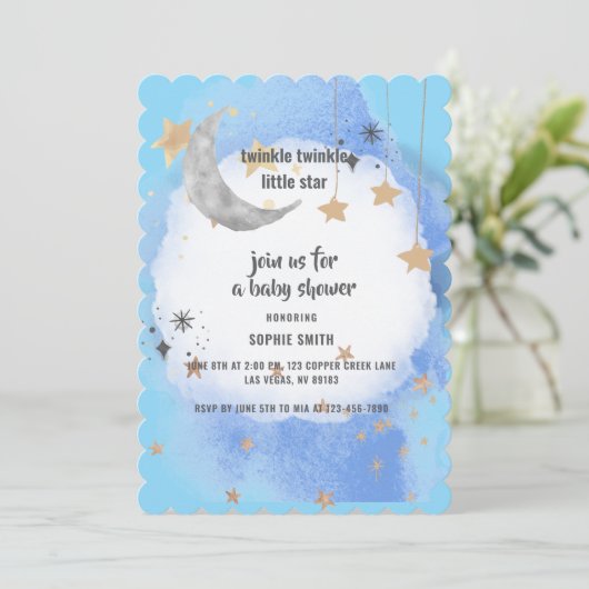 Moon and Stars Dunkelblau Wasserfarbe Abstrakt Einladung (Stehend Vorderseite)