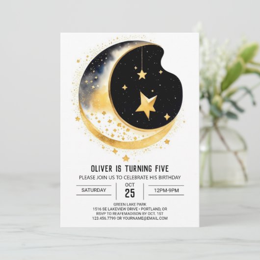 Moon and Stars Fantasy Birthday Einladung (Stehend Vorderseite)