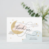 Moon and Stars farbenfrohe Script Baby Dusche Dankeskarte (Stehend Vorderseite)