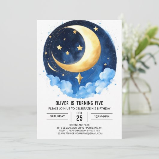 Moon and Stars Galaxy Adventure Birthday Einladung (Stehend Vorderseite)