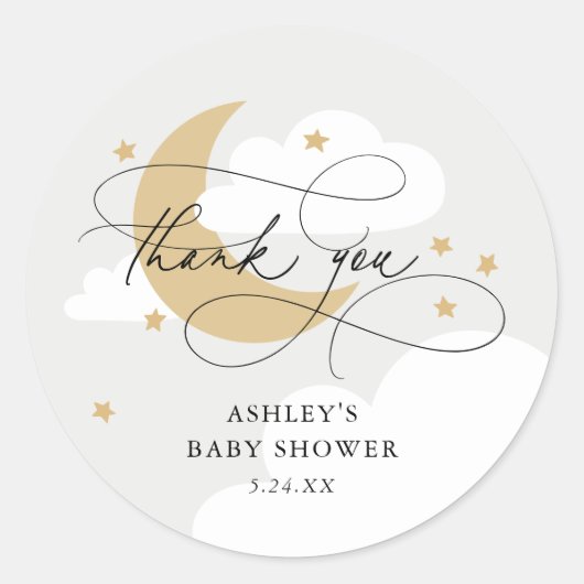 Moon and Stars Gray Script Baby Dusche Vielen Dank Runder Aufkleber (Vorderseite)