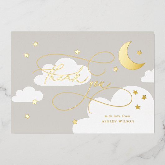 Moon and Stars Gray Script Baby Vielen Dank Folieneinladung (Vorderseite)