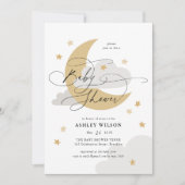 Moon and Stars Matte Neutrals Script Baby Dusche Einladung (Vorderseite)