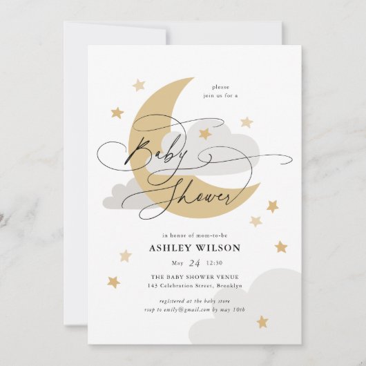 Moon and Stars Matte Neutrals Script Baby Dusche Einladung (Vorderseite)