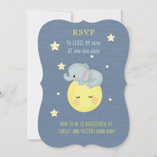 Moon and Stars Niedlich Elephant Blue Baby Boy Dus Einladung (Rückseite)