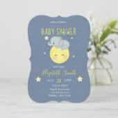 Moon and Stars Niedlich Elephant Blue Baby Boy Dus Einladung (Stehend Vorderseite)
