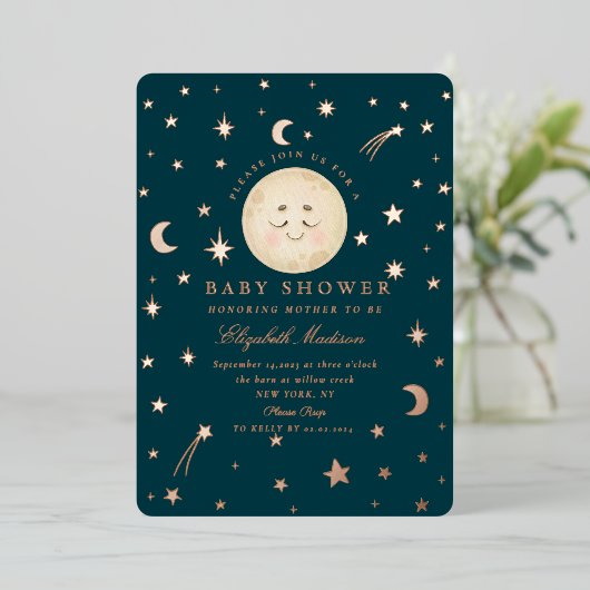Moon and Stars Night Niedlich Baby Dusche Folieneinladung (Stehend vorne)