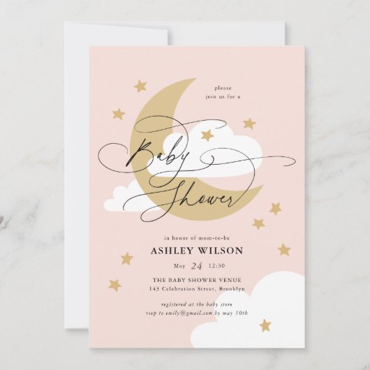 Moon and Stars Pink Elegantes Script Baby Dusche Einladung (Vorderseite)