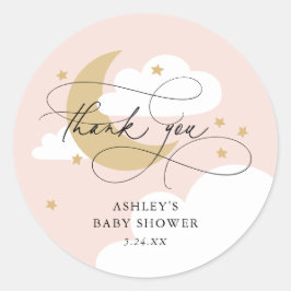 Moon and Stars Pink Script Baby Dusche Vielen Dank Runder Aufkleber