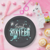 Moon and Stars Sweet 16 Aquamarin/Blk ID788 Pappteller (Party)