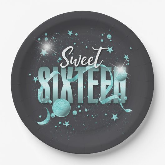 Moon and Stars Sweet 16 Aquamarin/Blk ID788 Pappteller (Vorderseite)