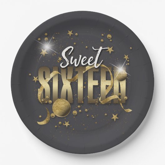 Moon and Stars Sweet 16 Gold/Blk ID788 Pappteller (Vorderseite)