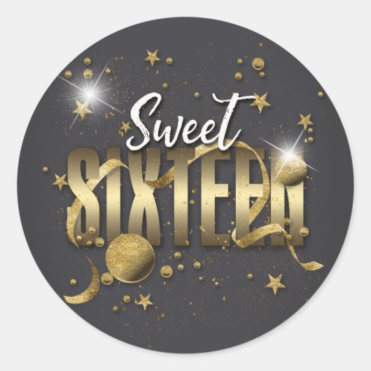 Moon and Stars Sweet 16 Gold/Blk ID788 Runder Aufkleber (Vorderseite)