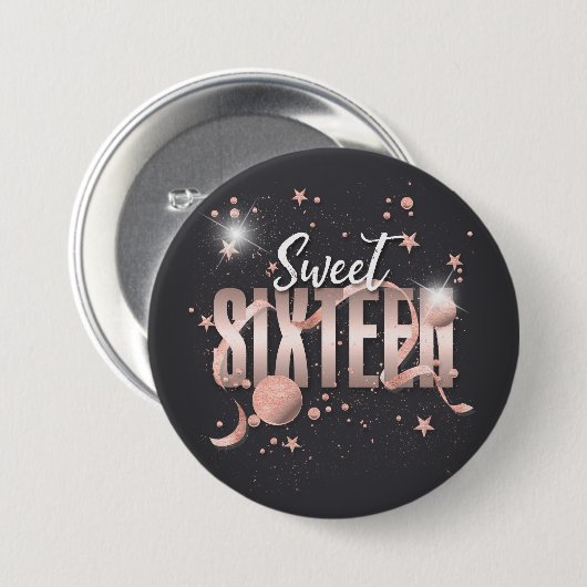 Moon and Stars Sweet 16 Rose Gold/Blk ID788 Button (Vorne & Hinten)