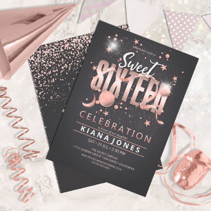Moon and Stars Sweet 16 Rose Gold/Blk ID788 Einladung