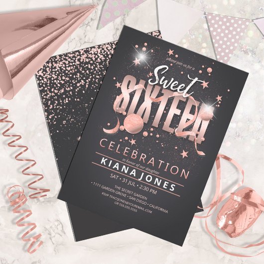 Moon and Stars Sweet 16 Rose Gold/Blk ID788 Einladung