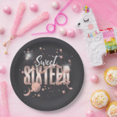 Moon and Stars Sweet 16 Rose Gold/Blk ID788 Pappteller (Party)