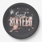 Moon and Stars Sweet 16 Rose Gold/Blk ID788 Pappteller (Vorderseite)
