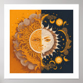 Moon and Sun , esoterisch, Astrologie Boho Fan Poster (Vorne)