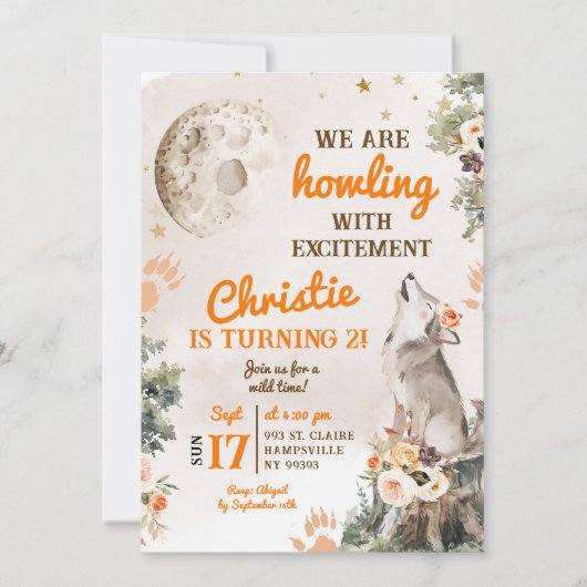 Moon and Wolf Howling Birthday Girl Einladung (Vorderseite)