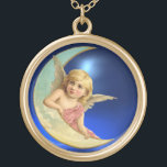 MOON ANGEL VERGOLDETE KETTE<br><div class="desc">Whimsikal niedliche blonde haarige, blaue mit Augen romantische Engel am Mond mit einem leuchtenden 3D Blue Sapphire Edelstein.</div>