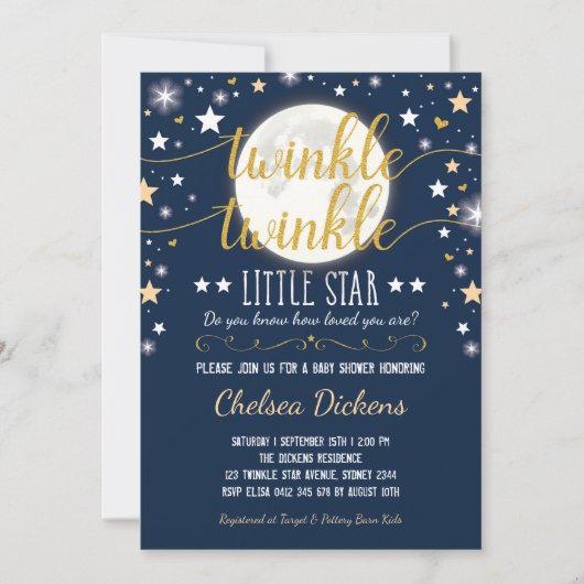 Moon Baby Shower Twinkle Little Star Navy Gold Einladung (Vorderseite)