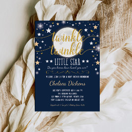 Moon Baby Shower Twinkle Little Star Navy Gold Einladung