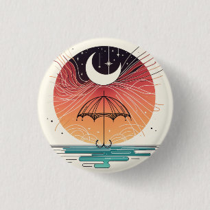 Moon Balancing Rainfall in Boho Line Art Button